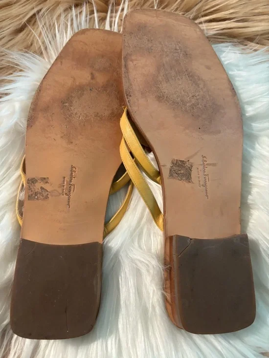 Salvatore Ferragamo Yellow Floral Toe-Post Sandals with Green Accents - Picture 6 of 6